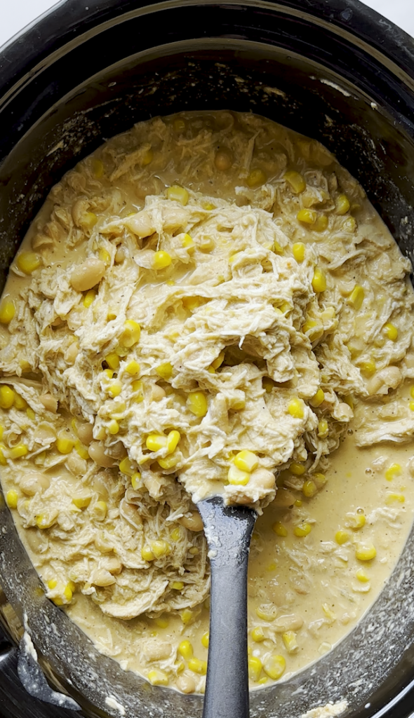 white chicken chili in a slow cooker